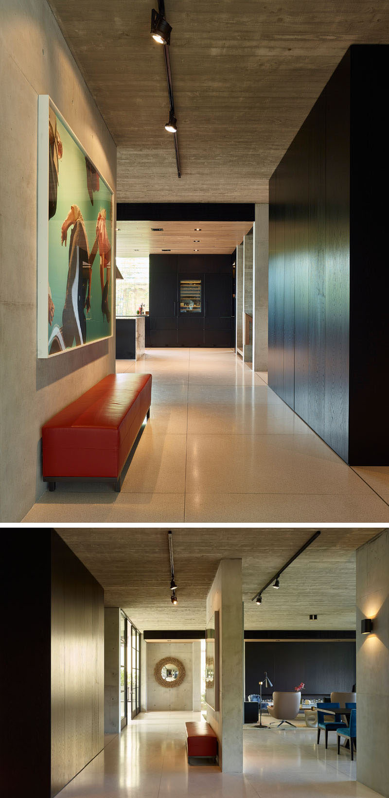 Upon entering this modern house, there's a simple red upholstered bench that sits below a highlighted piece of artwork. #ModernHouse #Entryway #InteriorDesign