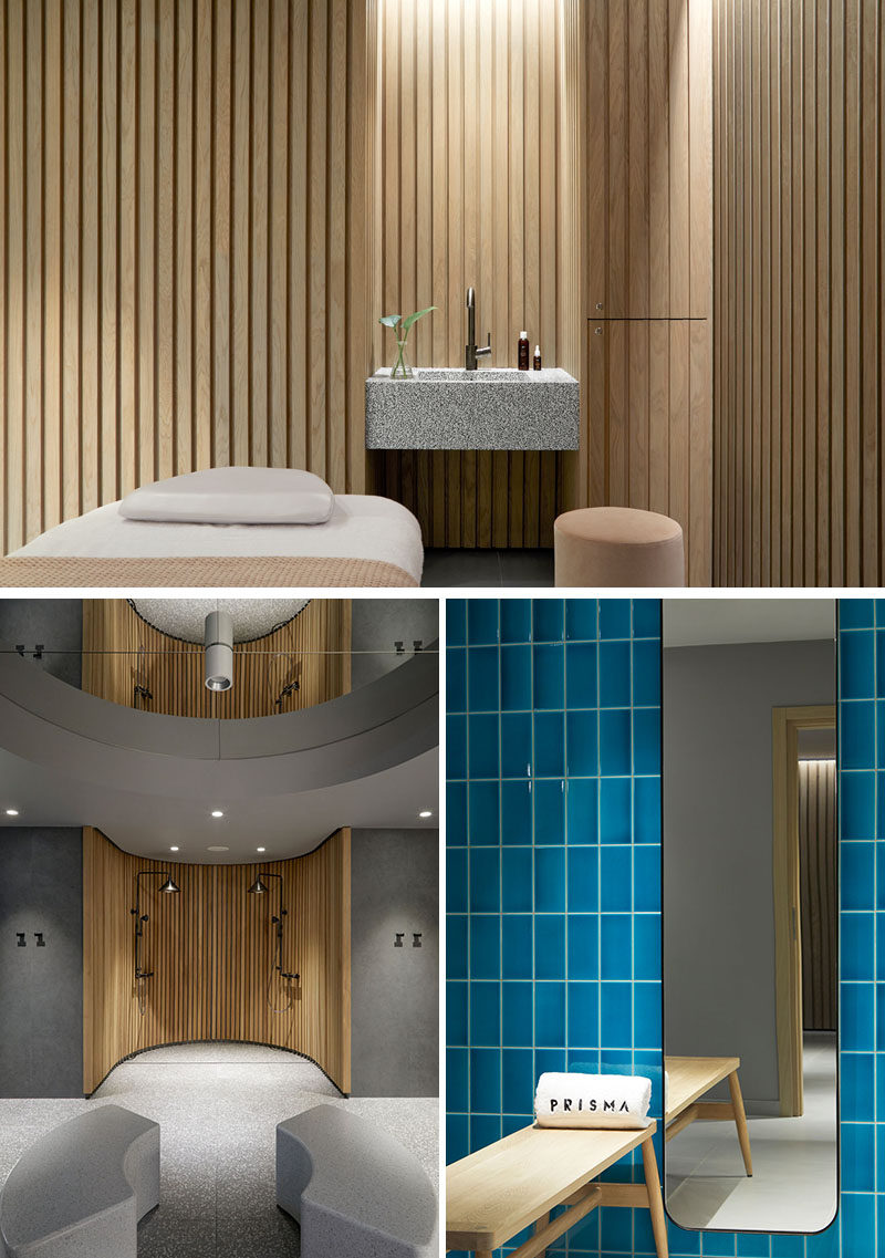 This modern hotel spa uses wood to create a relaxing environment, while blue tile adds a pop of color in the bathrooms. #HotelSpa