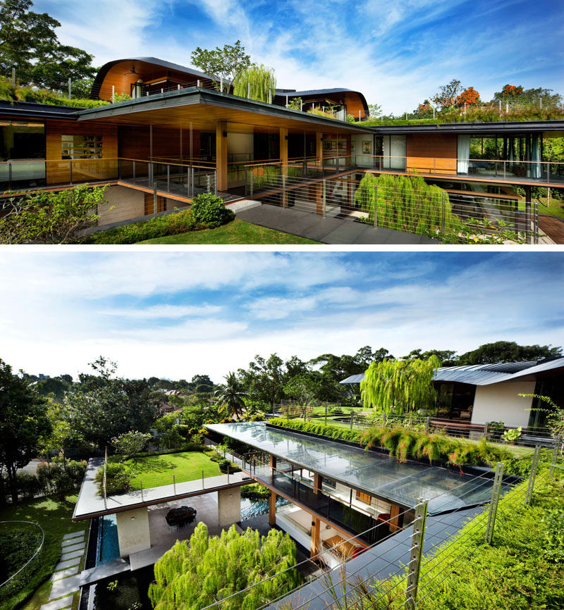 Green roofs and planters are featured on the upper level of the house, ensuring each section of this modern house has access to green space and a relaxing environment. #GreenRoof #Planters #Landscaping #Architecture