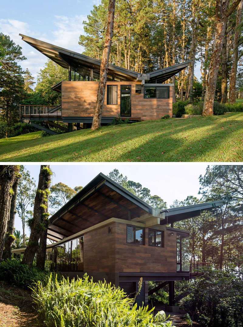 This modern house in Guatemala has a butterfly roof. #Roof #Architecture