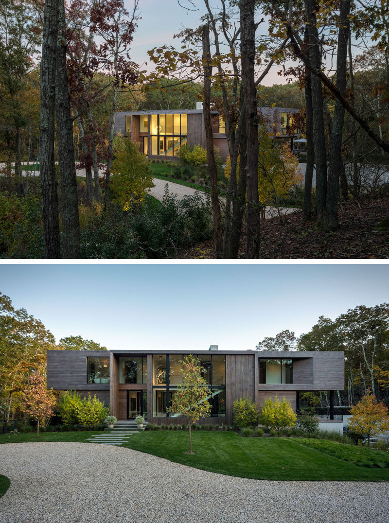 Blaze Makoid Architecture have designed a new house in Southampton, New York, for a couple who were attracted to the pristine surroundings, and envisioned the home as a secret enclave in the trees for themselves and their friends. #ModernHouse #ModernArchitecture #HouseDesign #Landscaping