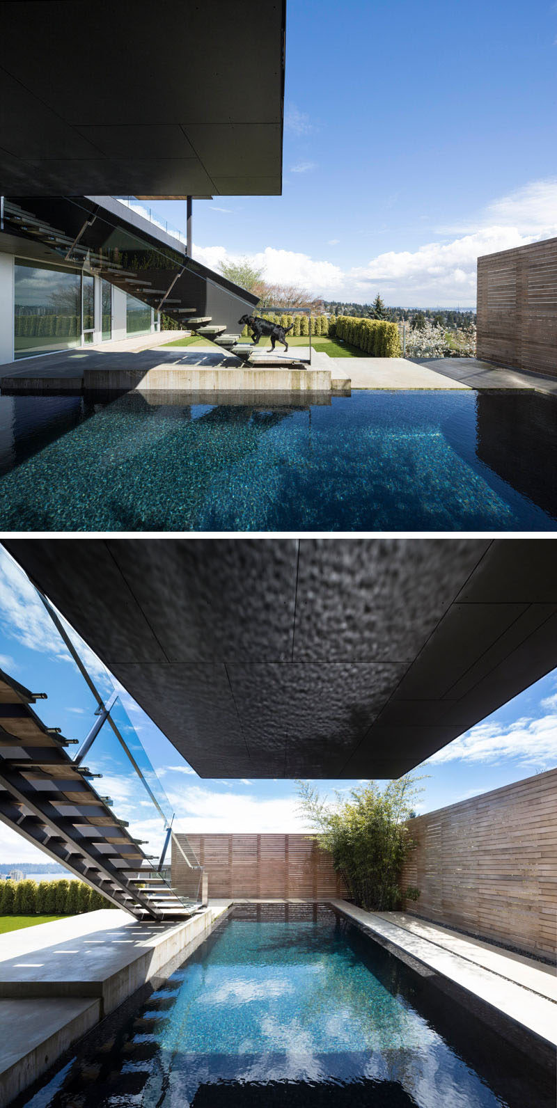 A cantilevered bedroom hovers deeply into the rear yard providing privacy to the west and solar protection for the swimming pool that, with it's dark tile finish, mirrors the cantilevered container above it. #SwimmingPool #Cantilever #ModernHouse