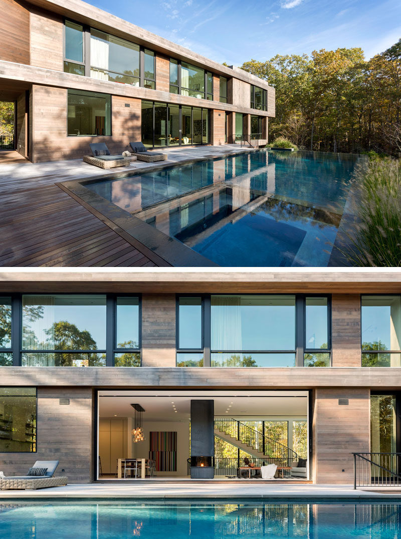 A 22.5 foot sliding door opens the interior of this modern house to the deck and swimming pool. #ModernHouse #SwimmingPool #SlidingDoors