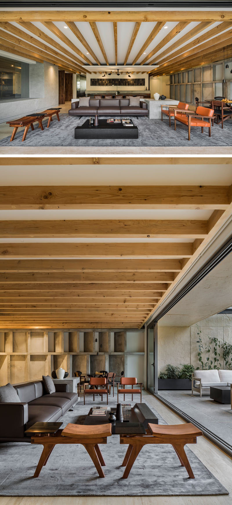 In this modern living room, exposed wood ceiling details have been added to provide a warm feeling in space, while travertine has been used for flooring, and concrete has been used to create wall details and a low pony wall. #LivingRoom #ModernInterior #WoodDetails