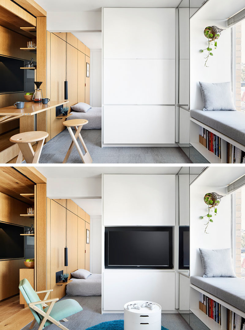 When not in use, the TV in this modern and small apartment, is concealed behind cabinet doors. #HiddenTV #LivingRoom