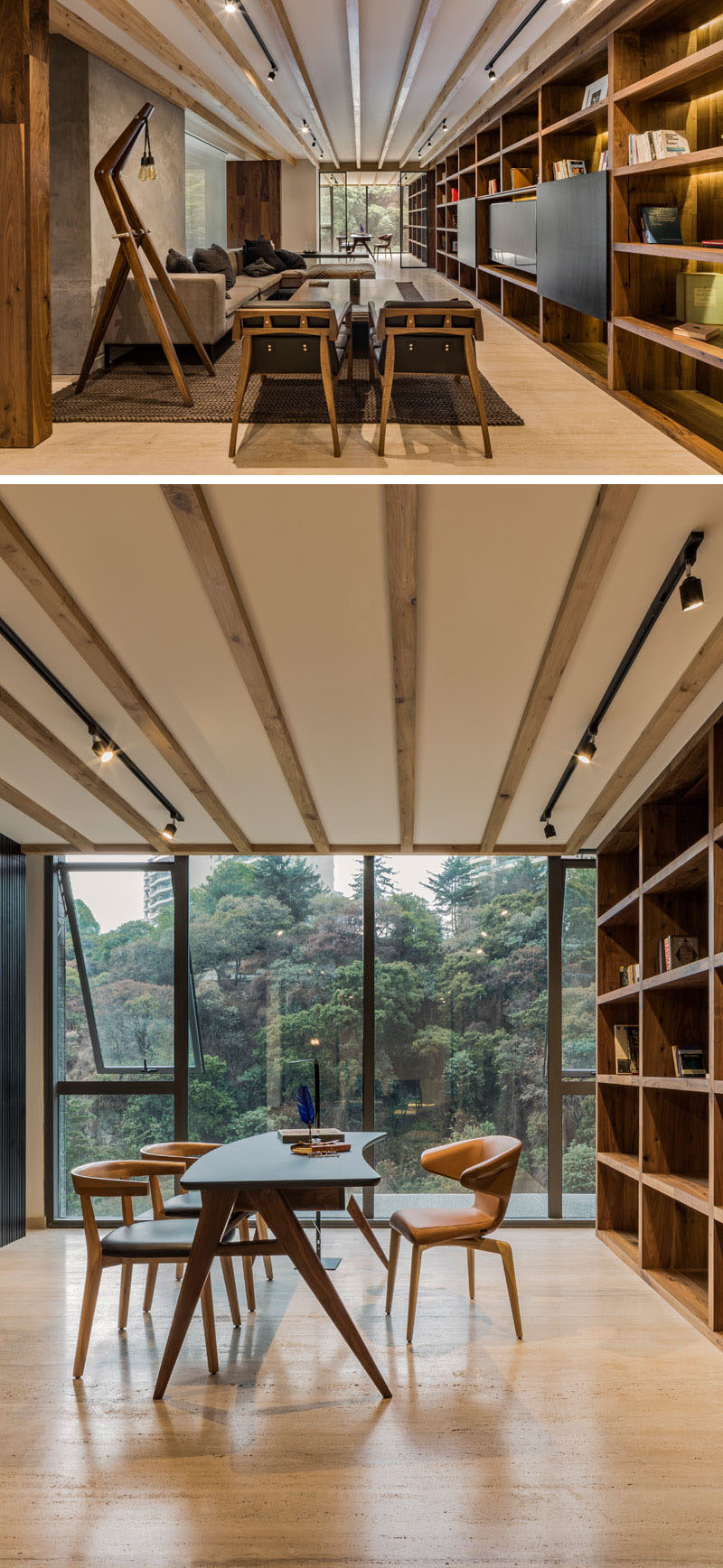 In this modern apartment, a wall of shelving with hidden lighting runs from the living room, right through to the home office, with only a door way separating the two. In the home office, large floor-to-ceiling windows provide tree views. #Shelving #LivingRoom #HomeOffice