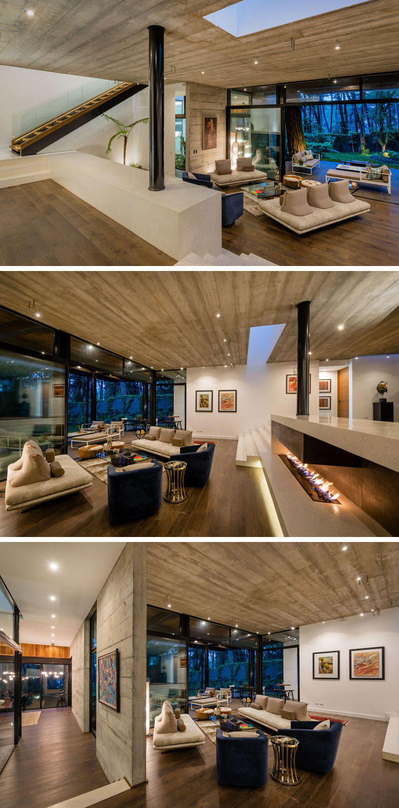 This modern living room has a fireplace for added warmth, a skylight to add natural light, and large sliding doors that open to the outside. #LivingRoom #Fireplace #ConcreteCeiling #WoodFloors