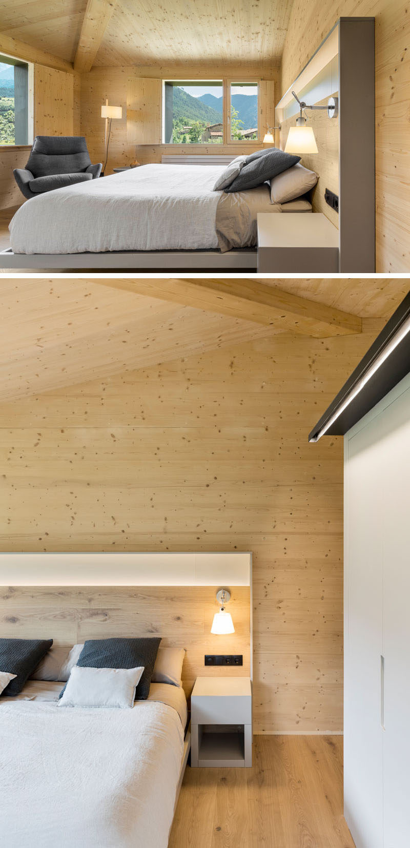 This modern master bedroom has high ceilings and is surrounded by wood floors and walls. #MasterBedroom #BedroomDesign