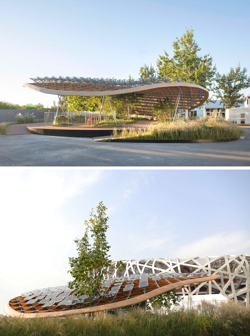 MAD Architects together with Hanergy have created "Living Garden", a modern pavilion that breaks down the boundaries between interior and exterior, giving inhabitants the feeling that they are living in nature. #Architecture #ModernPavilion #Wood #SolarPanels #Design