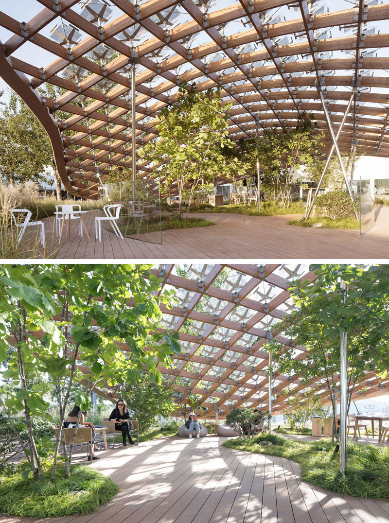 MAD Architects together with Hanergy have created "Living Garden", a modern pavilion that breaks down the boundaries between interior and exterior, giving inhabitants the feeling that they are living in nature. #Architecture #ModernPavilion #Wood #SolarPanels #Design