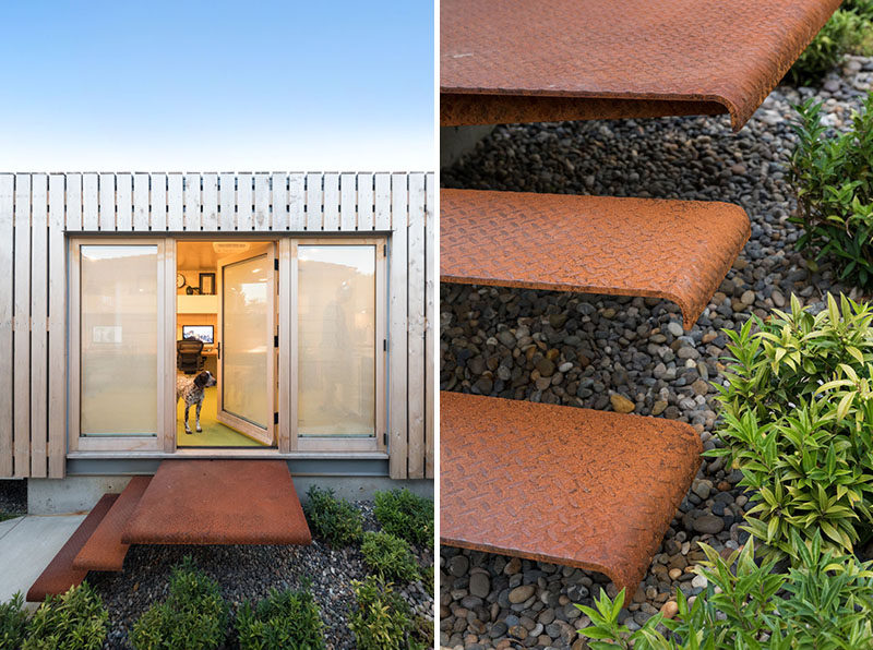 The steel stairs of this shipping container office have developed a rusty patina over the course of a year. #Stairs #SteelStairs #ExteriorStairs