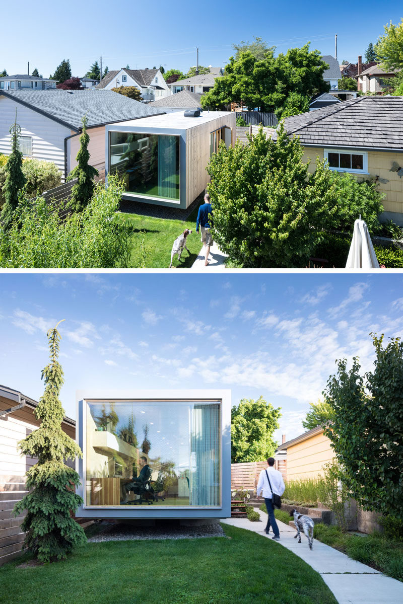 This modern 350 sq.ft. shipping container office cantilevers over its new foundation, and pulls all the services from the old 1930’s house that shares the property. #ShippingContainerOffice #Design