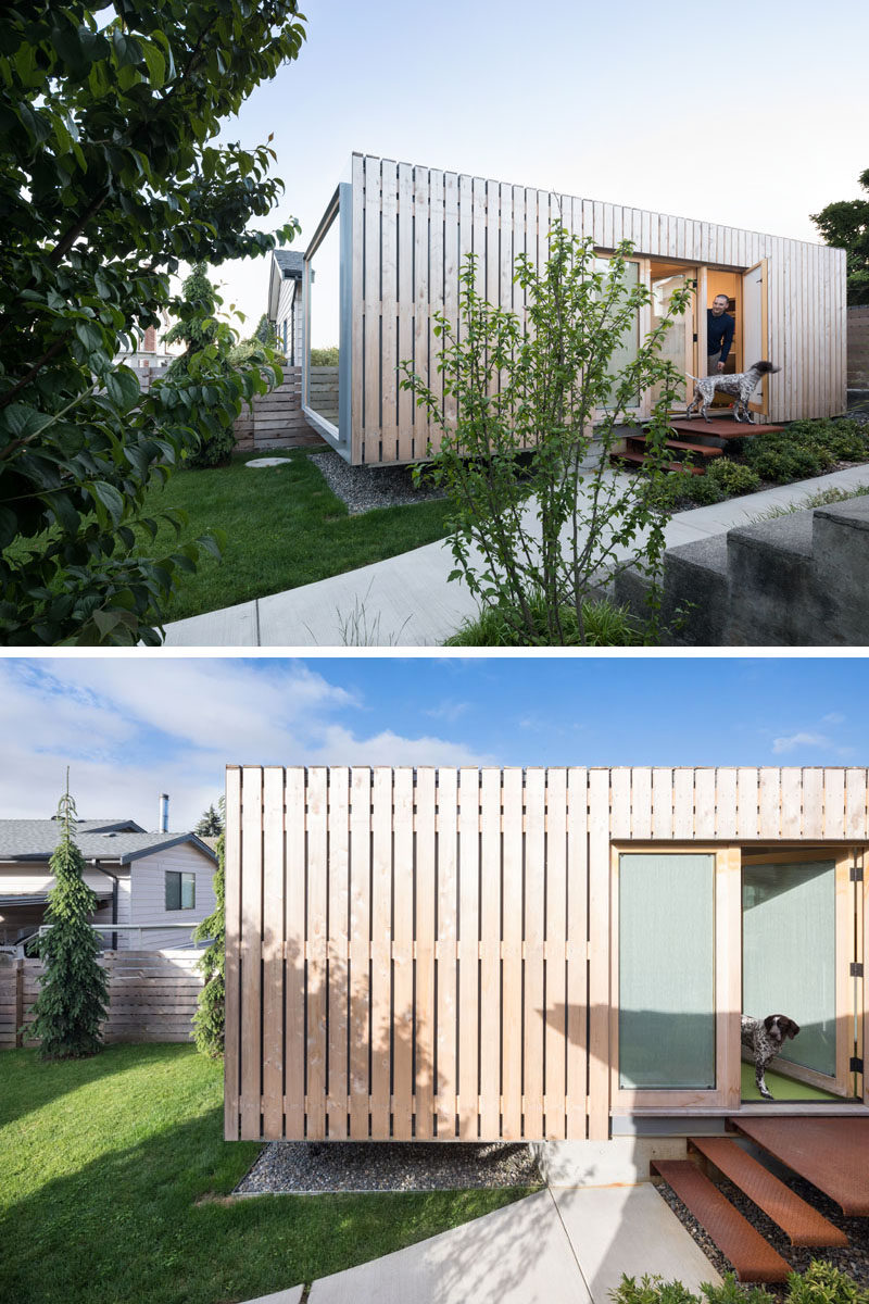 This modern shipping container office has been clad in yellow cedar, which over will develop a grey patina. #ShippingContainerOffice #CedarCladding #CedarSiding