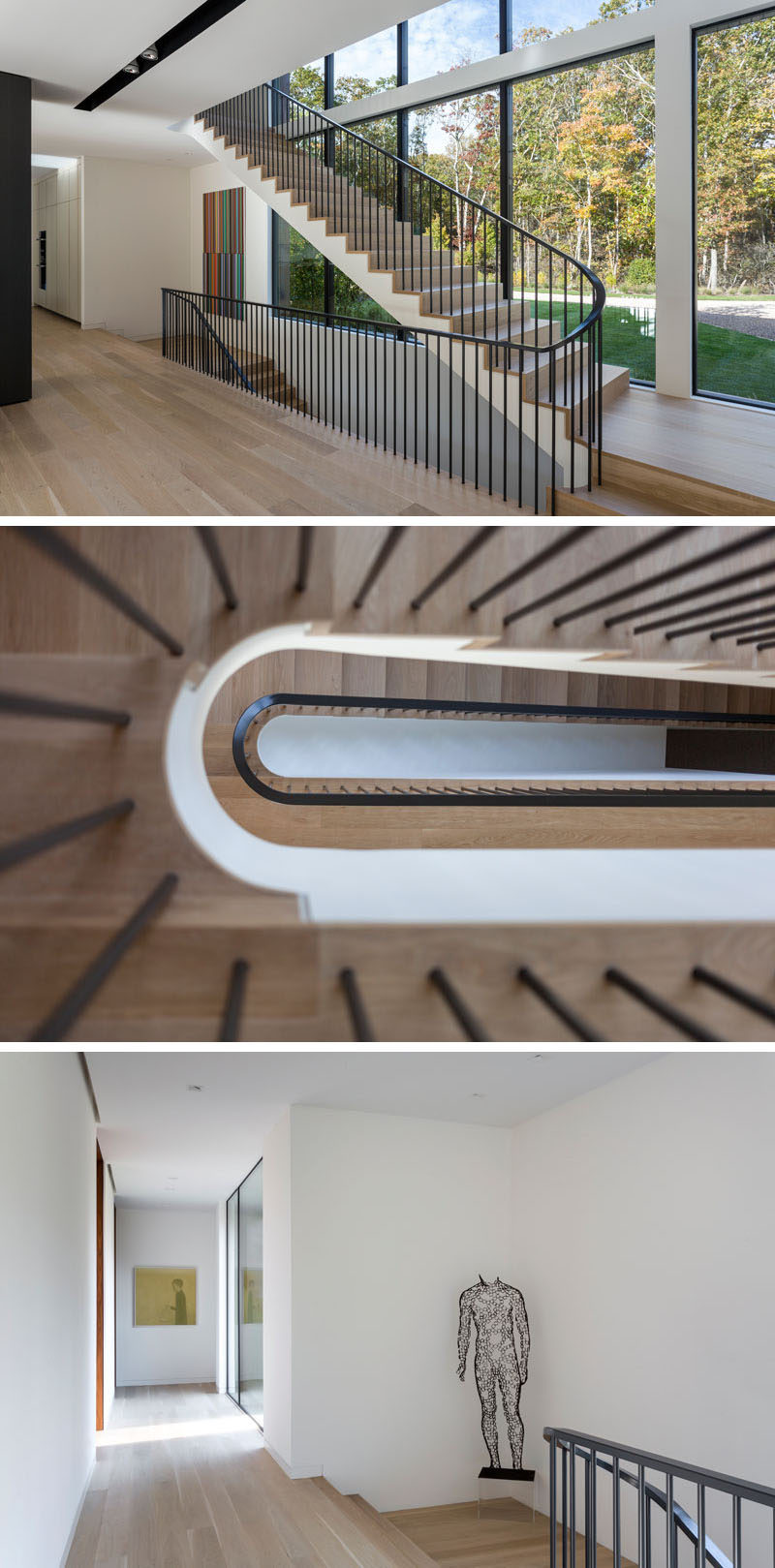 This modern house features stairs with wood treads and a black railing. #Stairs #StairDesign