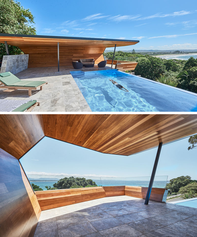 Harley Graham Architects have designed a modern pool cabana, that's clad in wood (Blackbutt), and takes the shape of a wave. #PoolCabana #ModernCabana #SwimmingPool