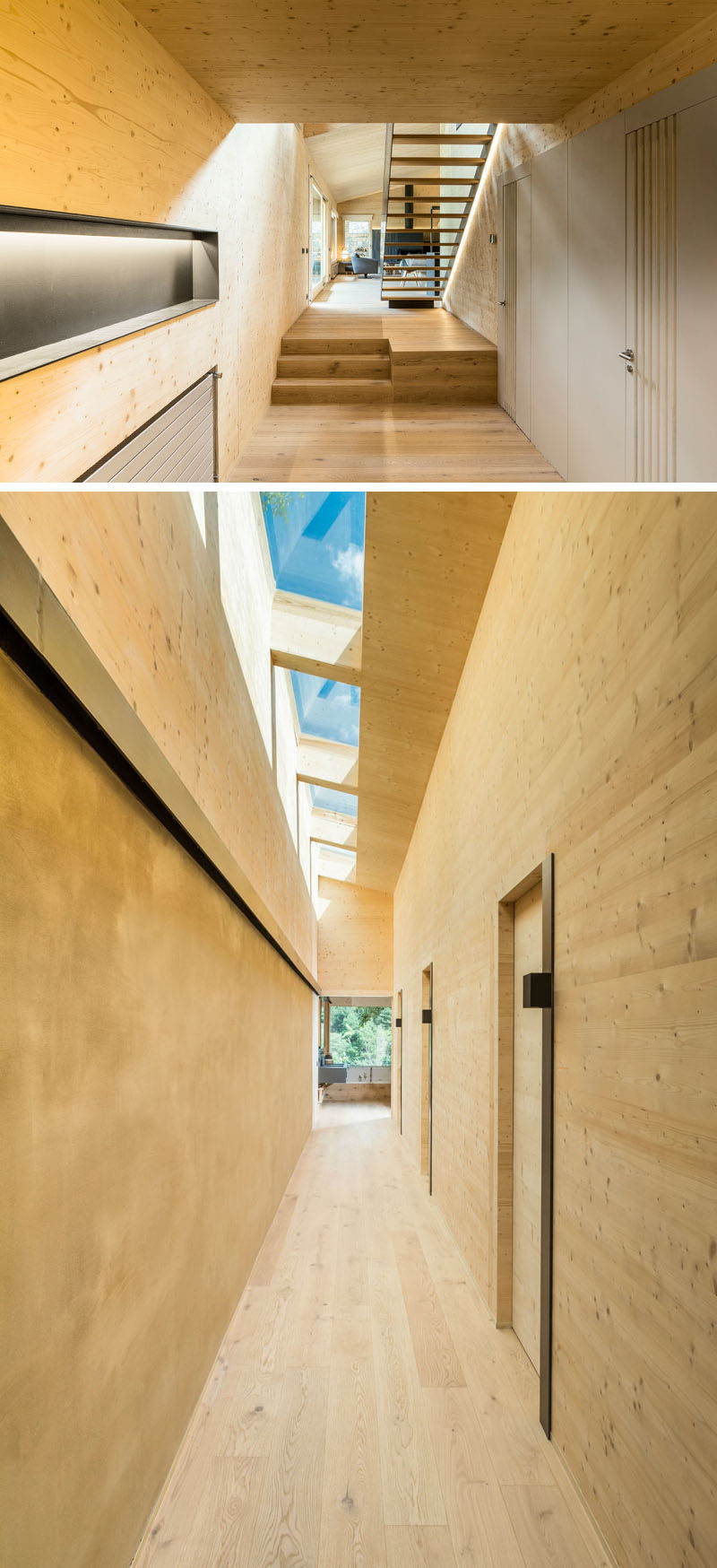 This mostly wood hallway that leads to the bedrooms and bathroom, has skylights to allow natural light to filter through to the interior, #Hallway #Skylights