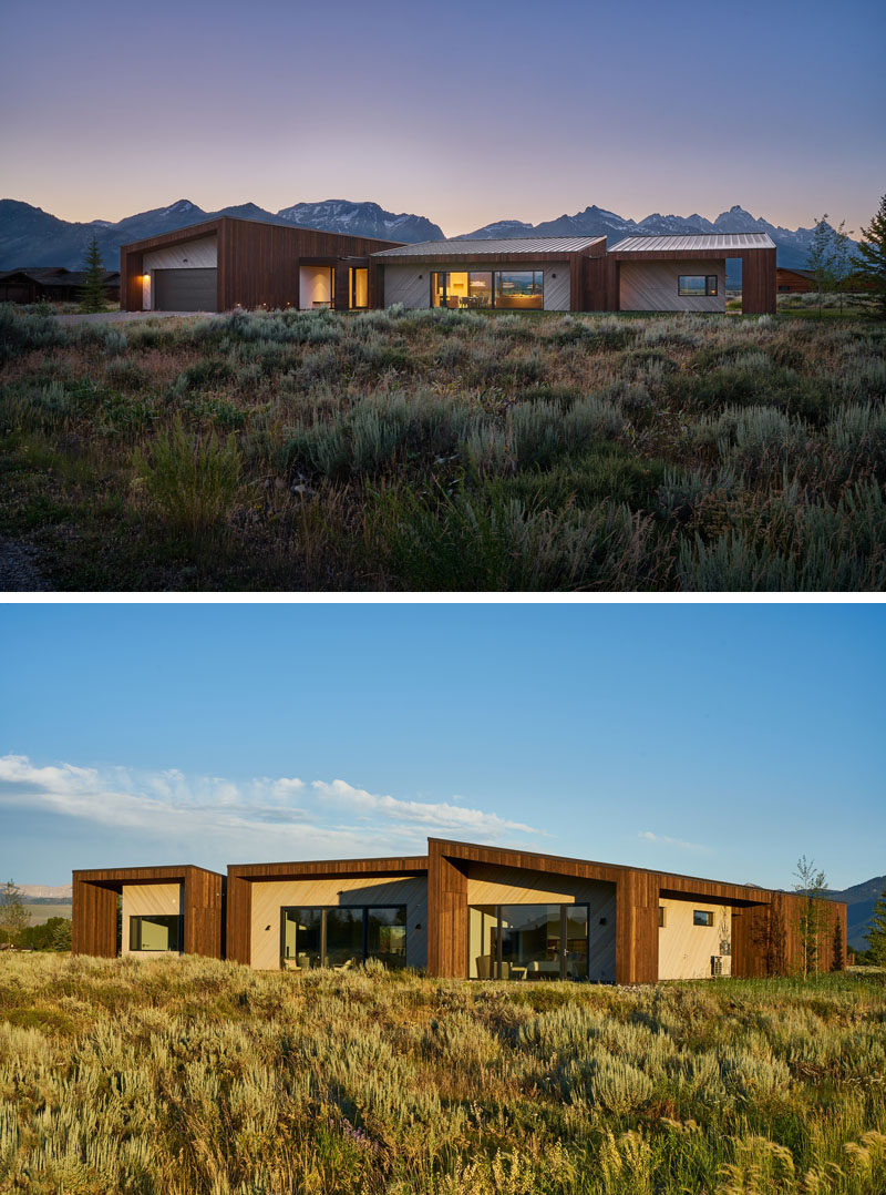 The two-tone exterior of this modern house has been created with the use of rich dark-brown vertical Douglas Fir and lighter horizontal Cedar, allowing the home to meld into the native woody sage-brush surrounding the home. #WoodHouse #WoodCladding #WoodSiding #ModernHouse #Architecture