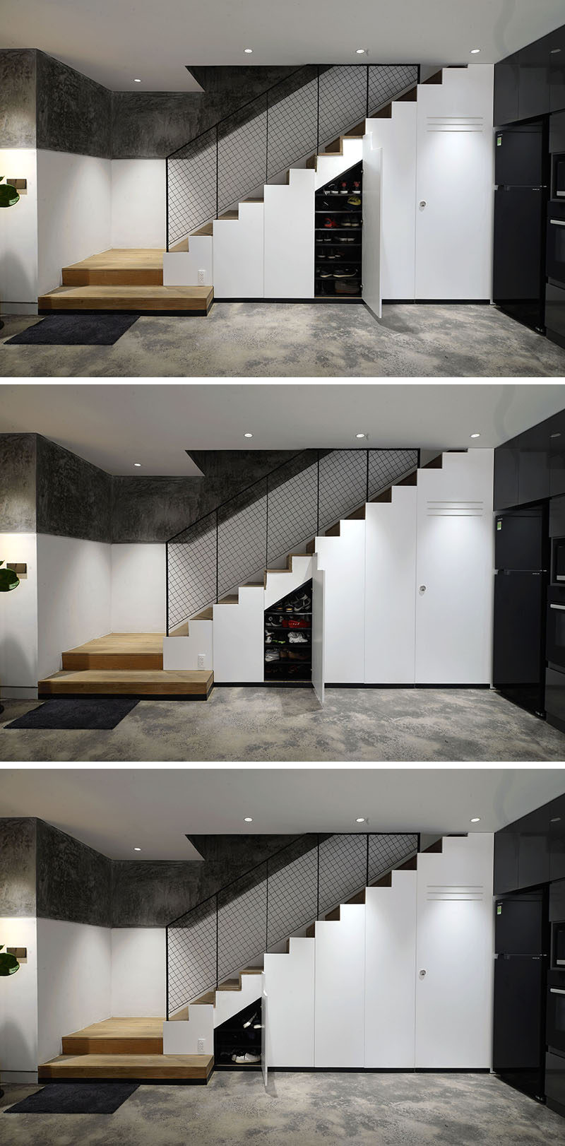 Những cầu thang hiện đại này có tủ lưu trữ ẩn bên dưới chúng. #HiddenStorage #StairsWithStorage