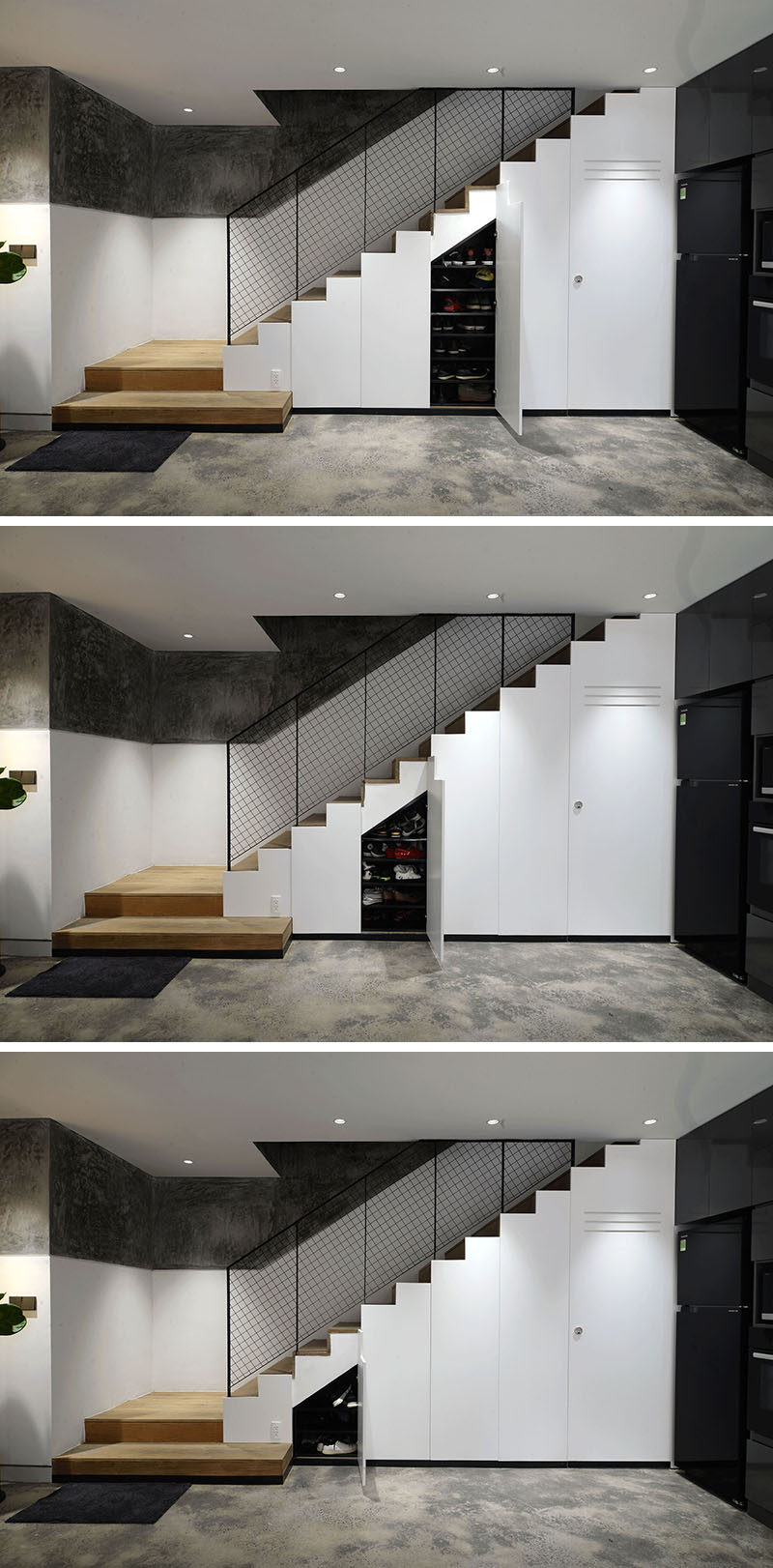 These modern stairs have hidden storage cabinets beneath them. #HiddenStorage #StairsWithStorage