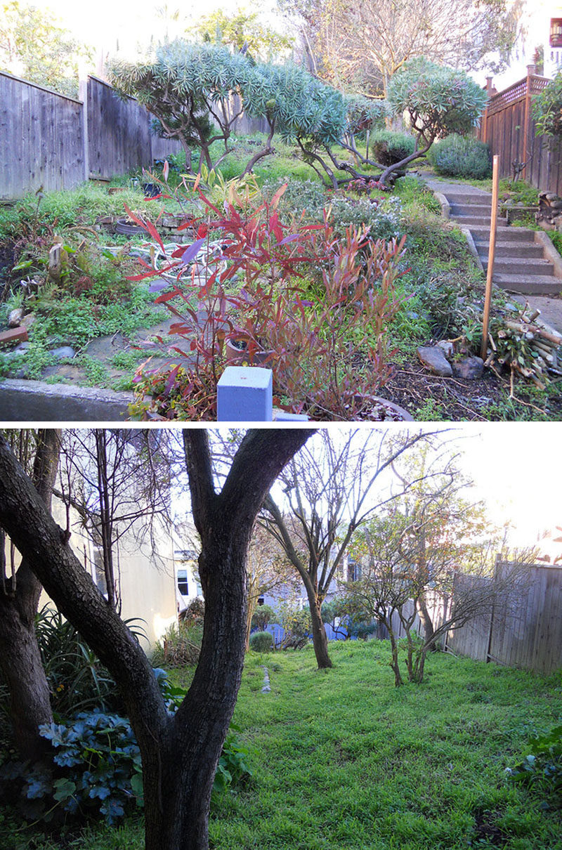 BEFORE PHOTO - This backyard was transformed into a modern tiered garden with seating, a firebowl, a water feature, and stairs connecting the different levels. #ModernBackyard #ModernLandscaping #TieredBackyard