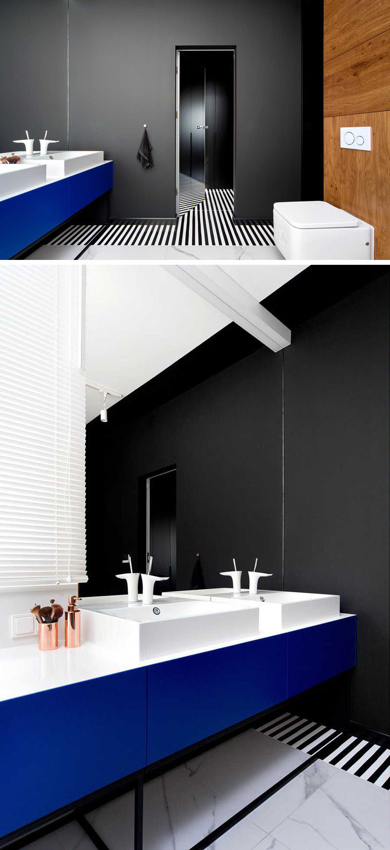 This modern master bathroom features black and white striped flooring, a black wall, and a bright blue vanity. #ModernBathroom #BathroomDesign