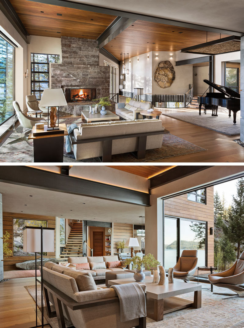 Upon entering this lakeside contemporary home, the large windows perfectly frame the views, and in the living room, a large locally-sourced granite fireplace is the focal point of the room. #LivingRoom #Fireplace #GraniteFireplace