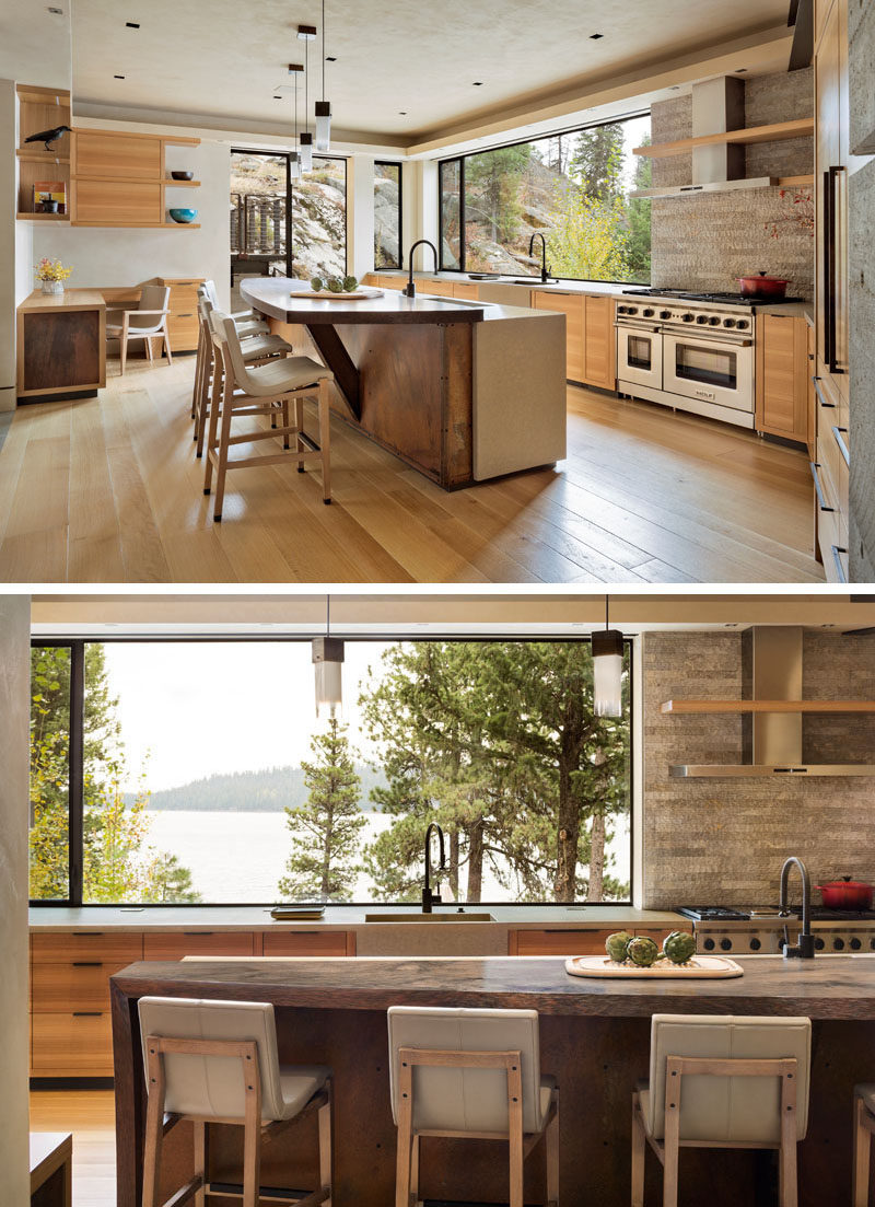 This contemporary kitchen features wood cabinets and concrete countertops with integrated sinks. #Kitchen #KitchenDesign #ConcreteCountertop