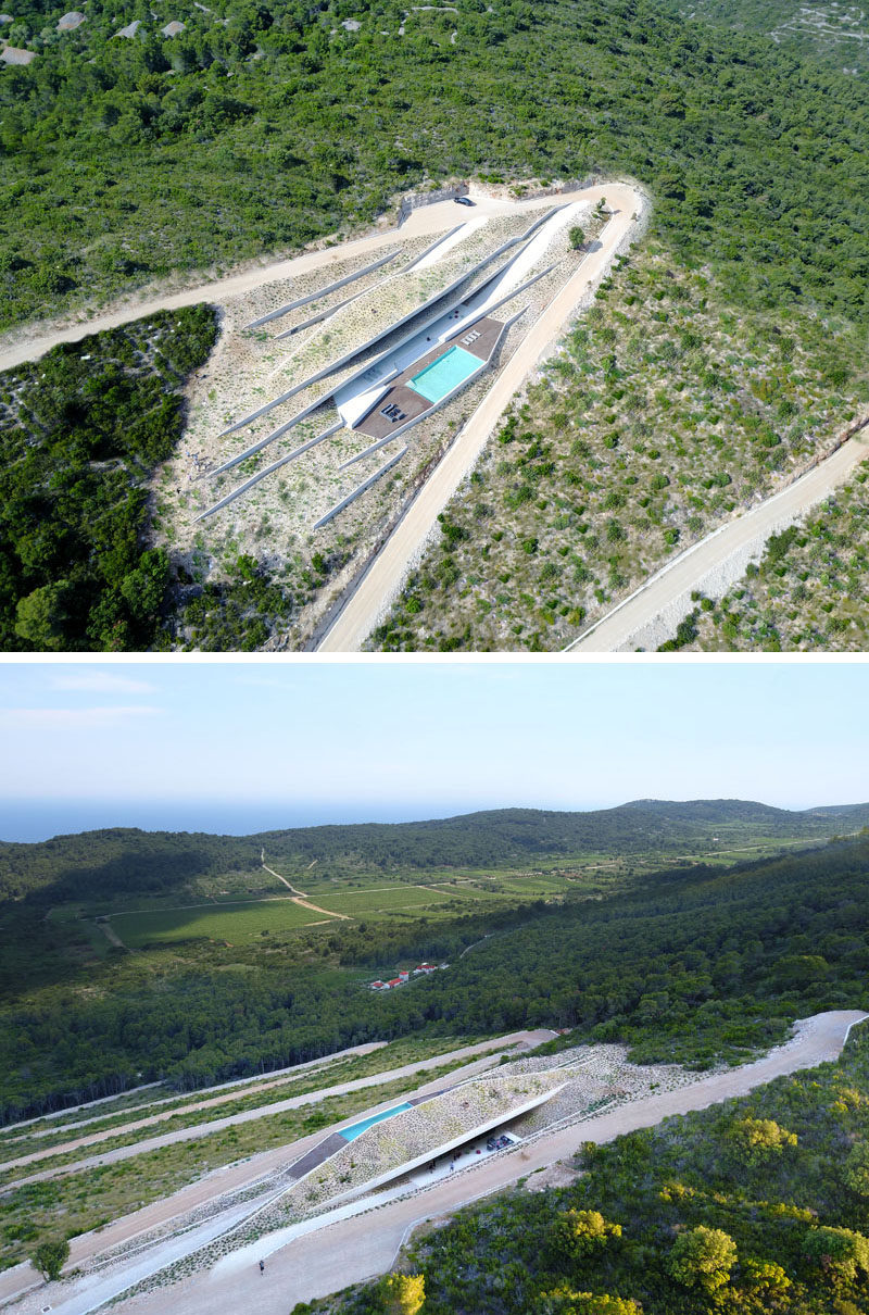 Proarh have recently completed Issa Megaron, a modern concrete house that's been designed for family retreats, and is dug into the hillside of Vis Island, Croatia. #Architecture #HouseDesign