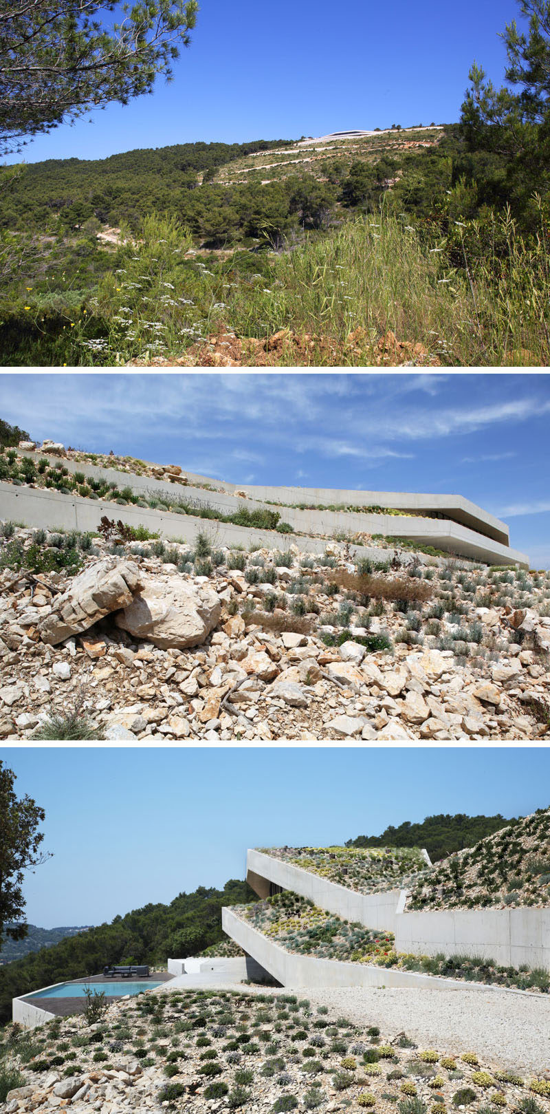 Proarh have recently completed Issa Megaron, a modern concrete house that's been designed for family retreats, and is dug into the hillside of Vis Island, Croatia. #Architecture #GreenRoof #ModernHouse