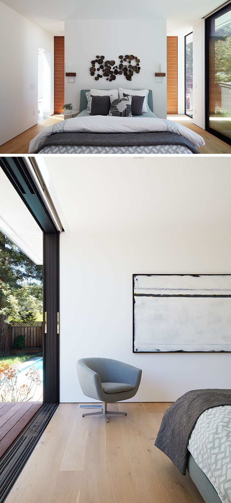 Large windows flood this modern bedroom with natural light, and wood elements tie in with the other wood found throughout the home. #BedroomDesign #ModernBedroom