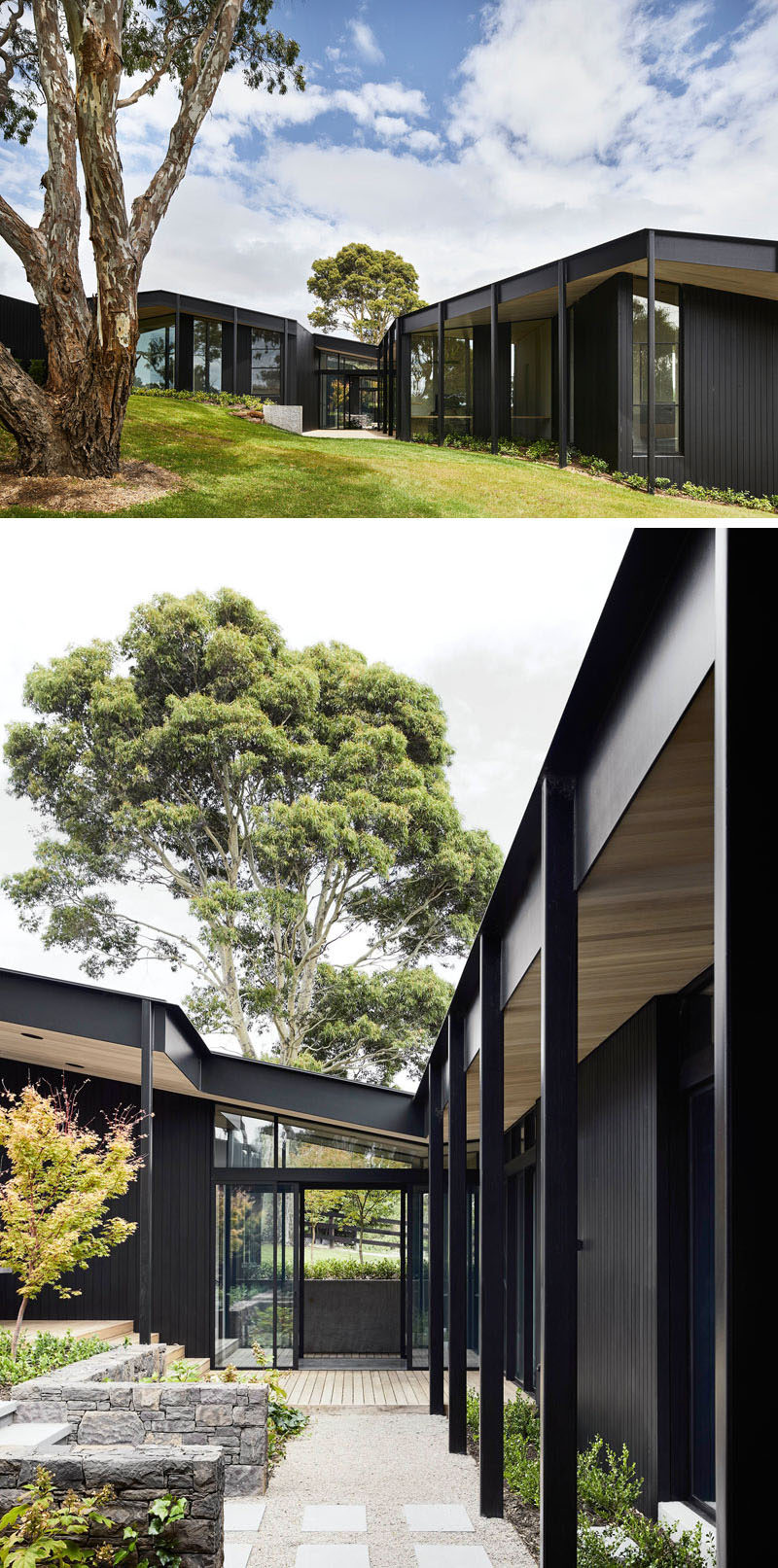 This modern farmhouse features three elongated pavilions that form a U shape, while the exterior has been clad in blackened timber, giving the home a monochromatic appearance. #ModernHouse #ModernArchitecture #HouseDesign