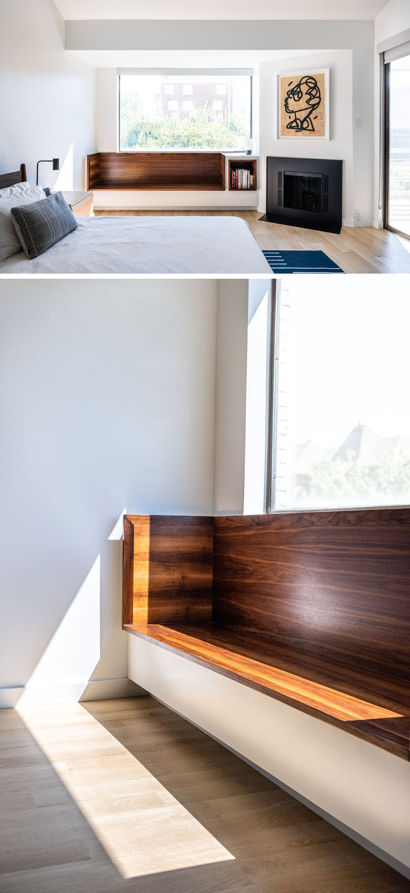 As part of a modern residential interior renovation, architect and interior design firm OFFICIAL, included a wood-lined built-in window seat and bookshelf in the master bedroom. #WindowSeat #Bookshelf #MasterBedroom