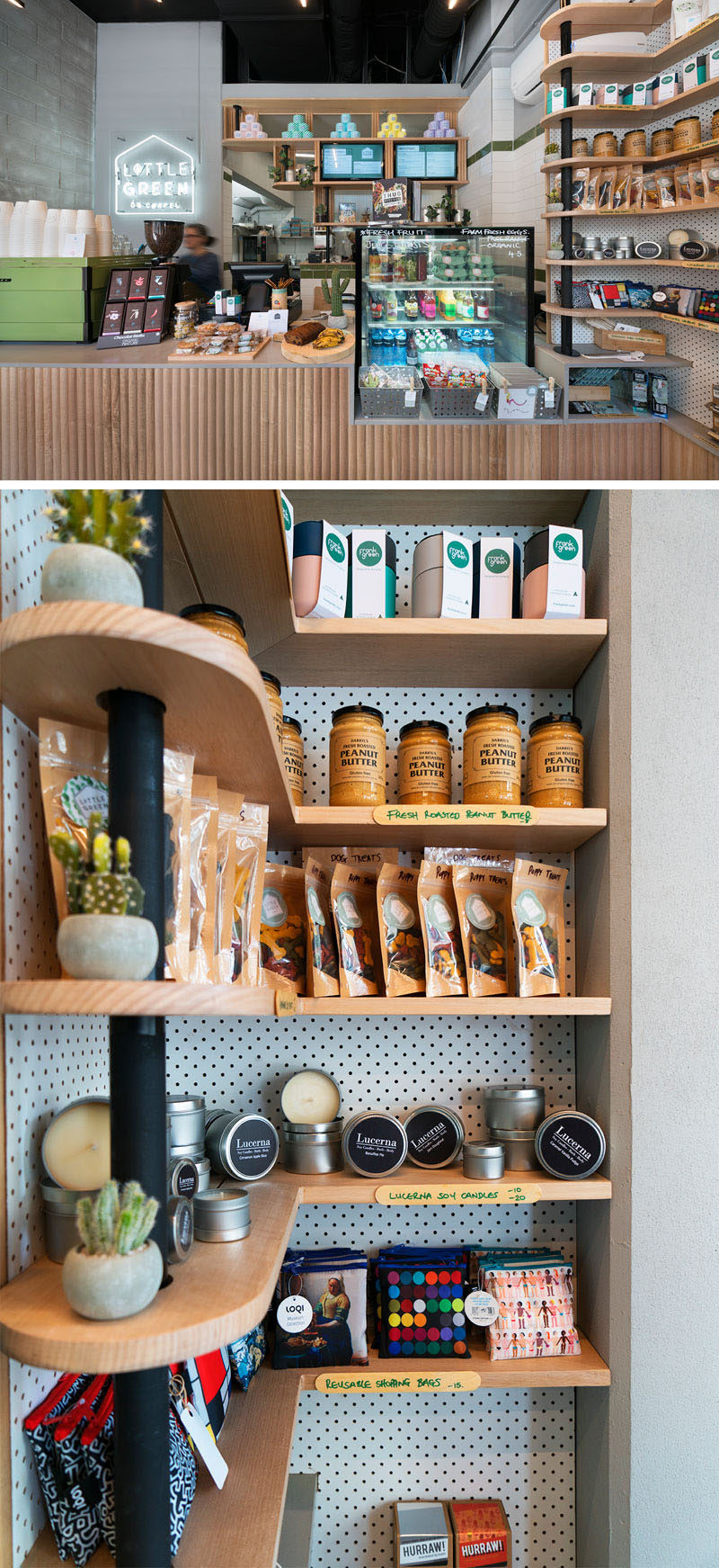 Light wood curved shelving makes use of the corner in this modern cafe, and the black support element ties in with other black elements in the interior, like the ceiling. #ModernShelving #WoodShelving #Shelving