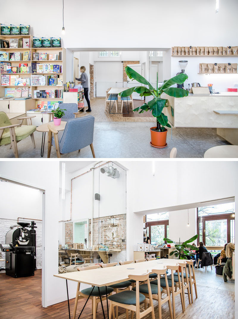 Located off the main open area of this modern coffee shop, is a semi-private area for meetings or workshops. #CoffeeShop #CoffeeHouse #Cafe #InteriorDesign