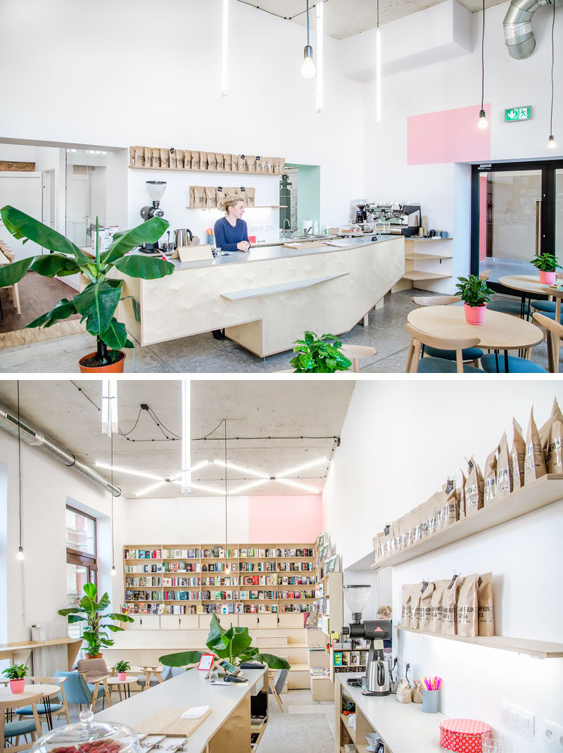 Atelier Starzak Strebicki have recently completed Kahawa, a combined coffee house and bookshop in Poznan, Poland, that's located within an a former milk bar. #CoffeeShop #BookShop #InteriorDesign