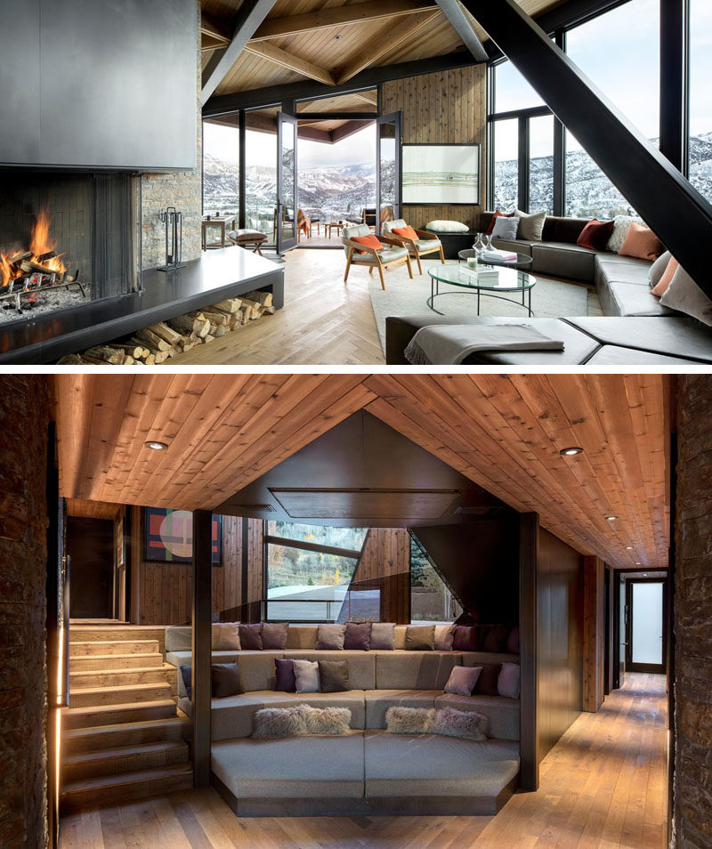 Inside this modern mountain home, there's a collection of lodge-like communal areas that are clustered together, creating a space that is both intimate and open. #LivingRoom #TieredSeating #ModernInterior