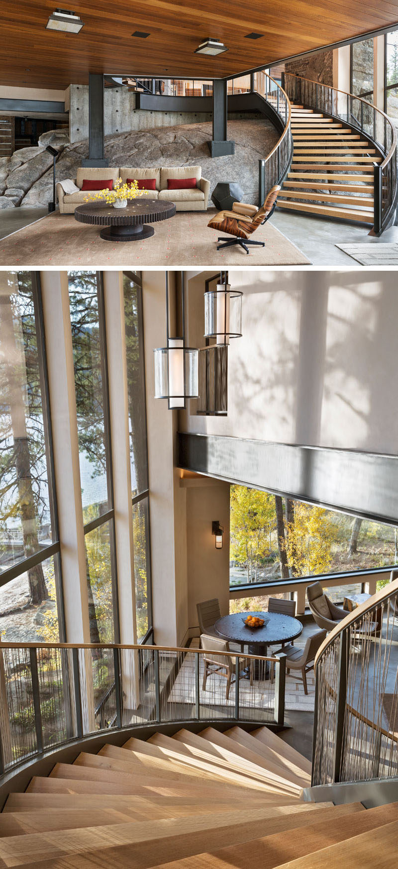 This circular staircase has been made from bent I-beams and wood, and leads from the main floor of the home down to the game room, that shows off a major piece of the natural bedrock from the site. #Stairs #SteelStairs #InteriorDesign