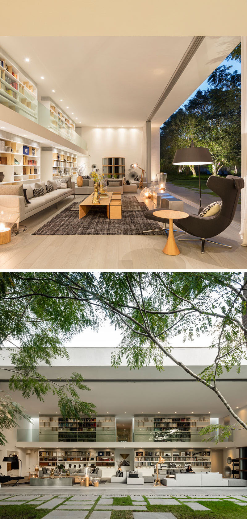 This modern living room features multiple seating areas, a double height ceiling, and a large bookshelf. #ModernLivingRoom #LivingRoom #Bookshelf #HomeLibrary