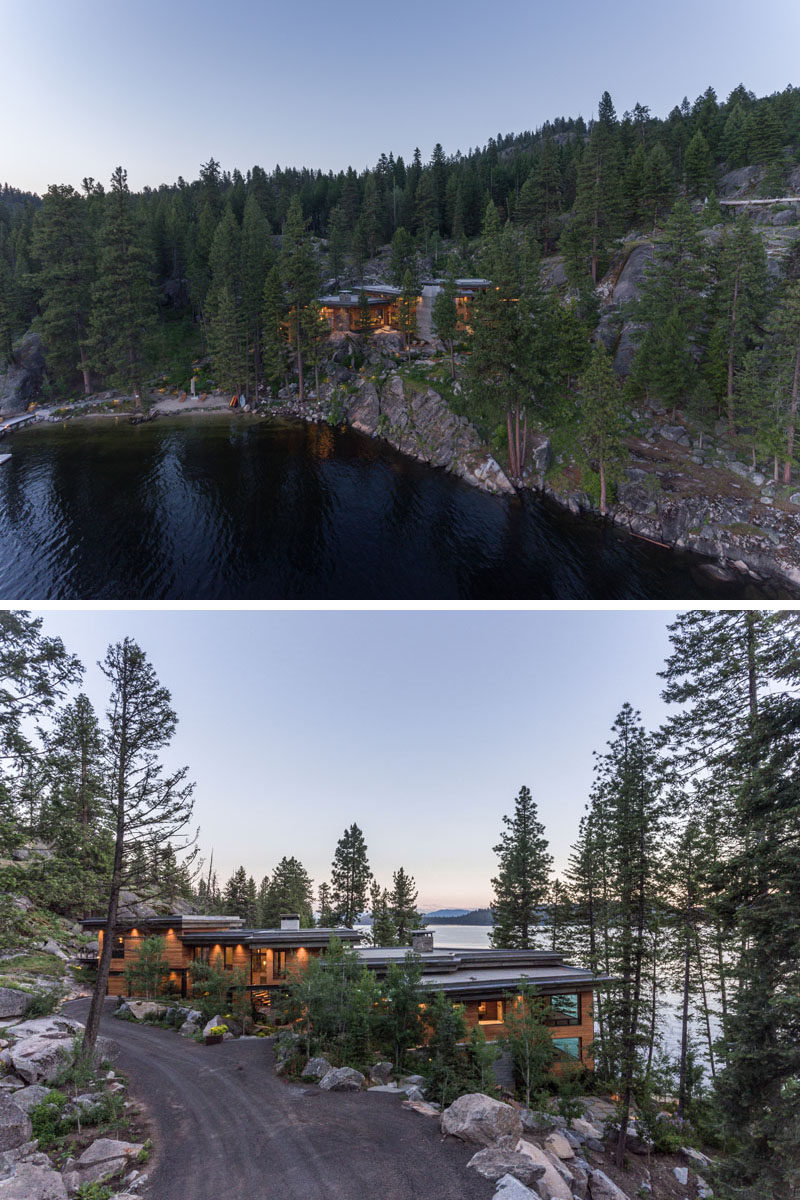 McCall Design & Planning have designed a waterfront vacation home for an active family in Idaho, that sits on a rocky cliff and overlooks Payette Lake. #ModernHouse #HouseDesign #ModernArchitecture