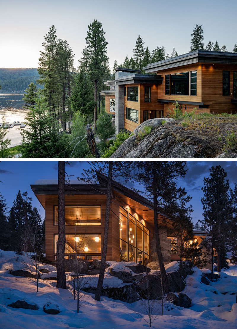 The exterior of the Cliff house is comprised almost entirely of teak over a rainscreen system, thermally broken steel windows, and a fascia of natural zinc that was aged prior to installation on site. #ModernHouse #ModernArchitecture