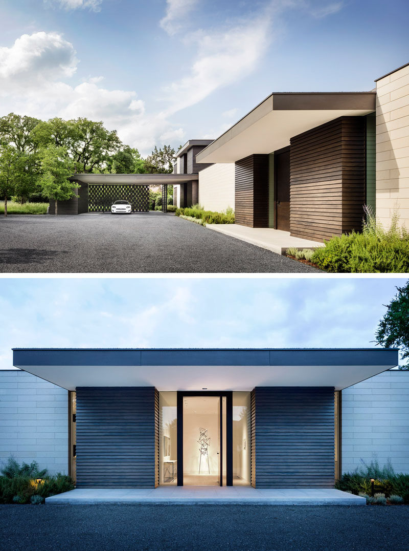 The front door of this modern house is surrounded by wood and glass, and once inside, there's a bright entry foyer. #ModernHouseDesign #Entryway #Foyer