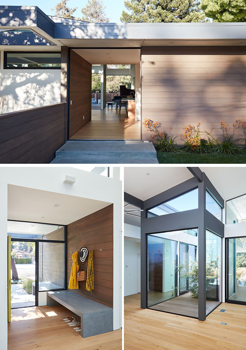 Upon entering this modern house, an open atrium entry in the middle of the house provides light and nature to the great room. #Entryway #Atrium #InteriorDesign