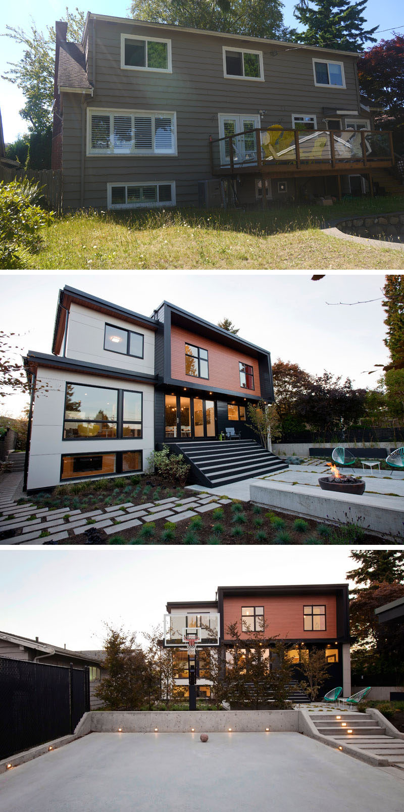 Before + After - This house was renovated and the backyard received an updated with a patio with built-in bench seating and lighting, that acts as a continuation of the indoor living space. The newly landscaped yard has different levels, with a basketball court on the lower level. #Renovation #Landscaping #Backyard