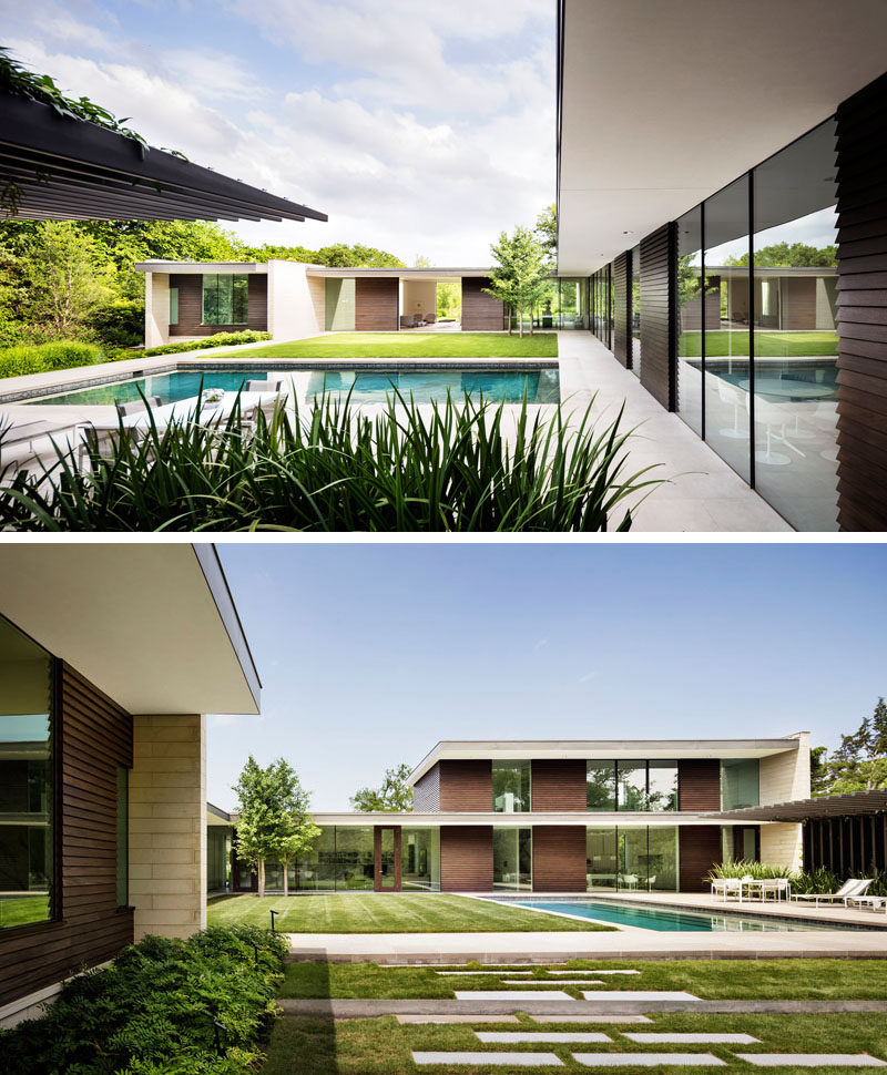 This modern L-shaped house wraps around the back garden, where there's a swimming pool, cabana, and lawn. #SwimmingPool #Architecture #LandscapeDesign