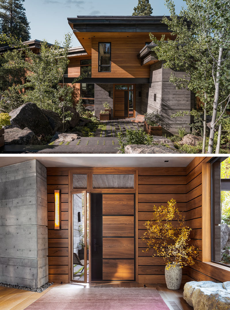 The exterior of this modern house is comprised almost entirely of teak over a rainscreen system, thermally broken steel windows, and a fascia of natural zinc that was aged prior to installation on site. #ModernHouse #WoodSiding #WoodFrontDoor