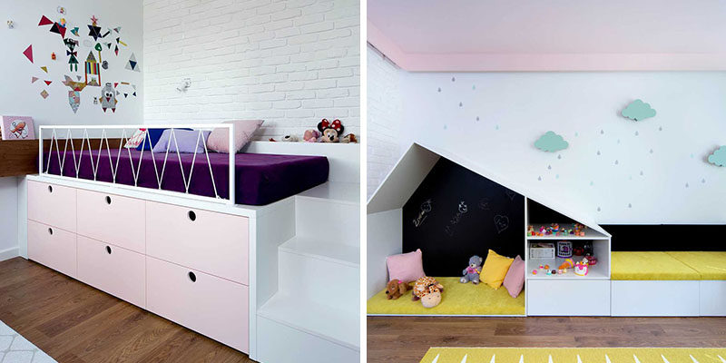 These modern kids bedrooms have raised beds with storage, and custom designed play areas. #KidsRoom #ChildsBedroom #ModernKidsRoom