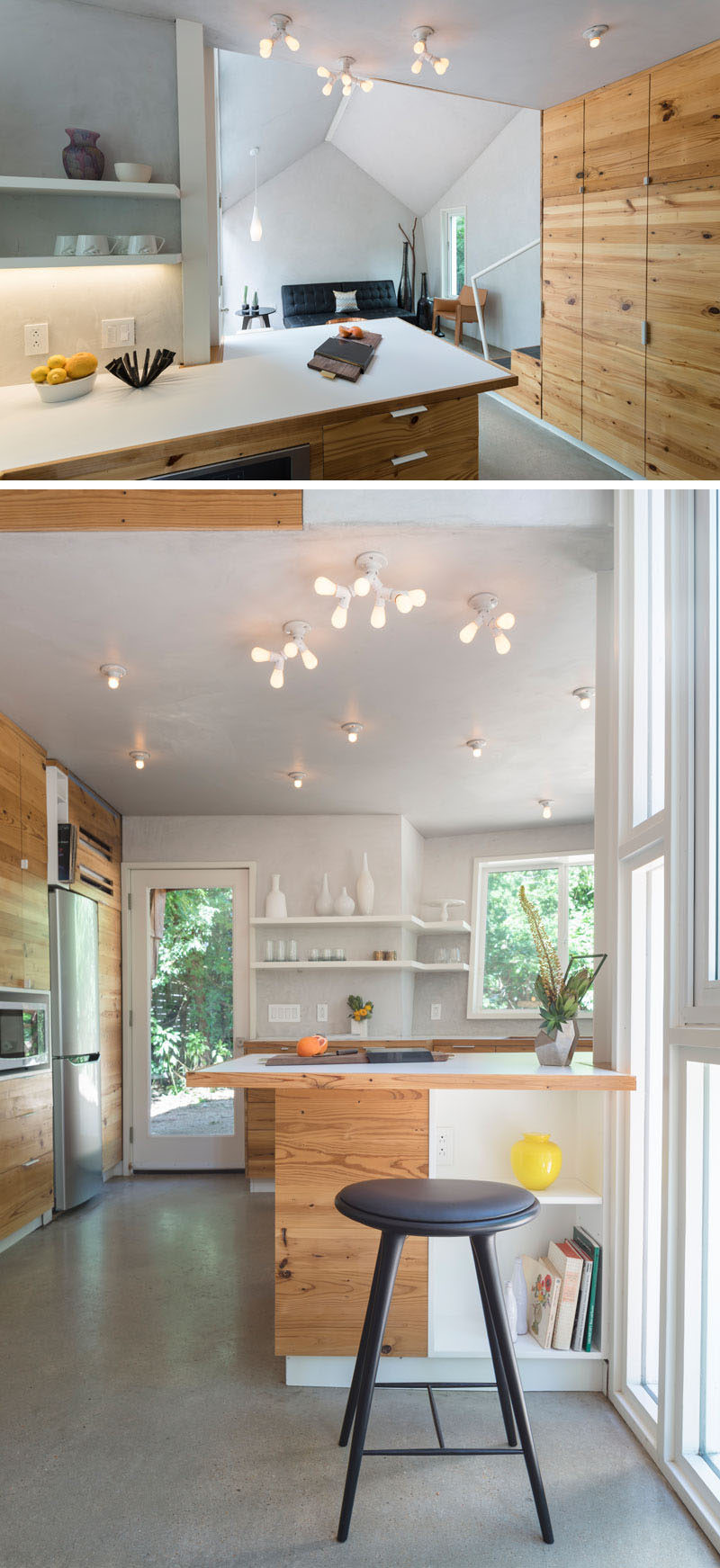 Colquitt inspired light fixtures, hidden lighting, and reclaimed longleaf pine cabinetry are all design elements that have been included in this modern kitchen design. #ModernKitchen #Lighting #WoodCabinets