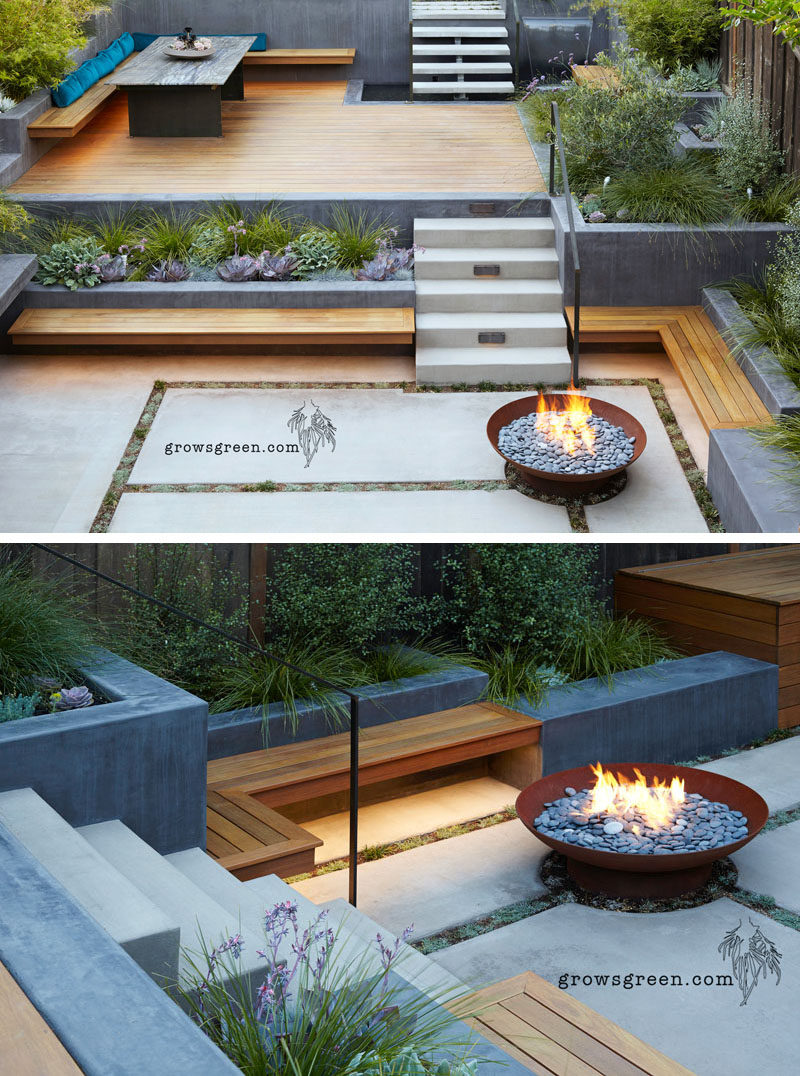 This backyard was transformed into a modern tiered garden with seating, a firebowl, a water feature, and stairs connecting the different levels. #ModernBackyard #ModernLandscaping #TieredBackyard