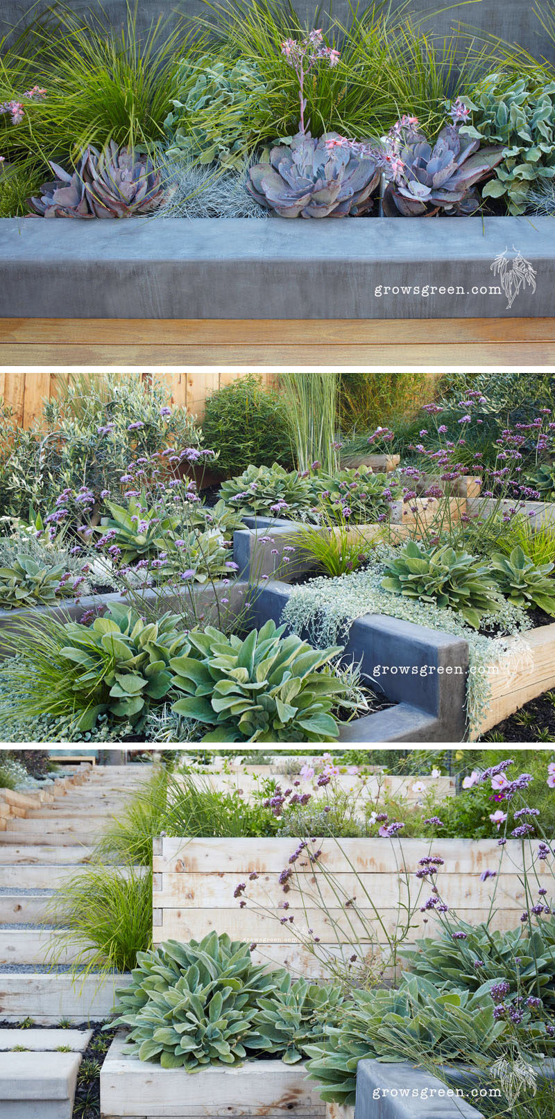 This backyard was transformed into a modern tiered garden with seating, a firebowl, a water feature, and stairs connecting the different levels. #ModernBackyard #ModernLandscaping #TieredBackyard