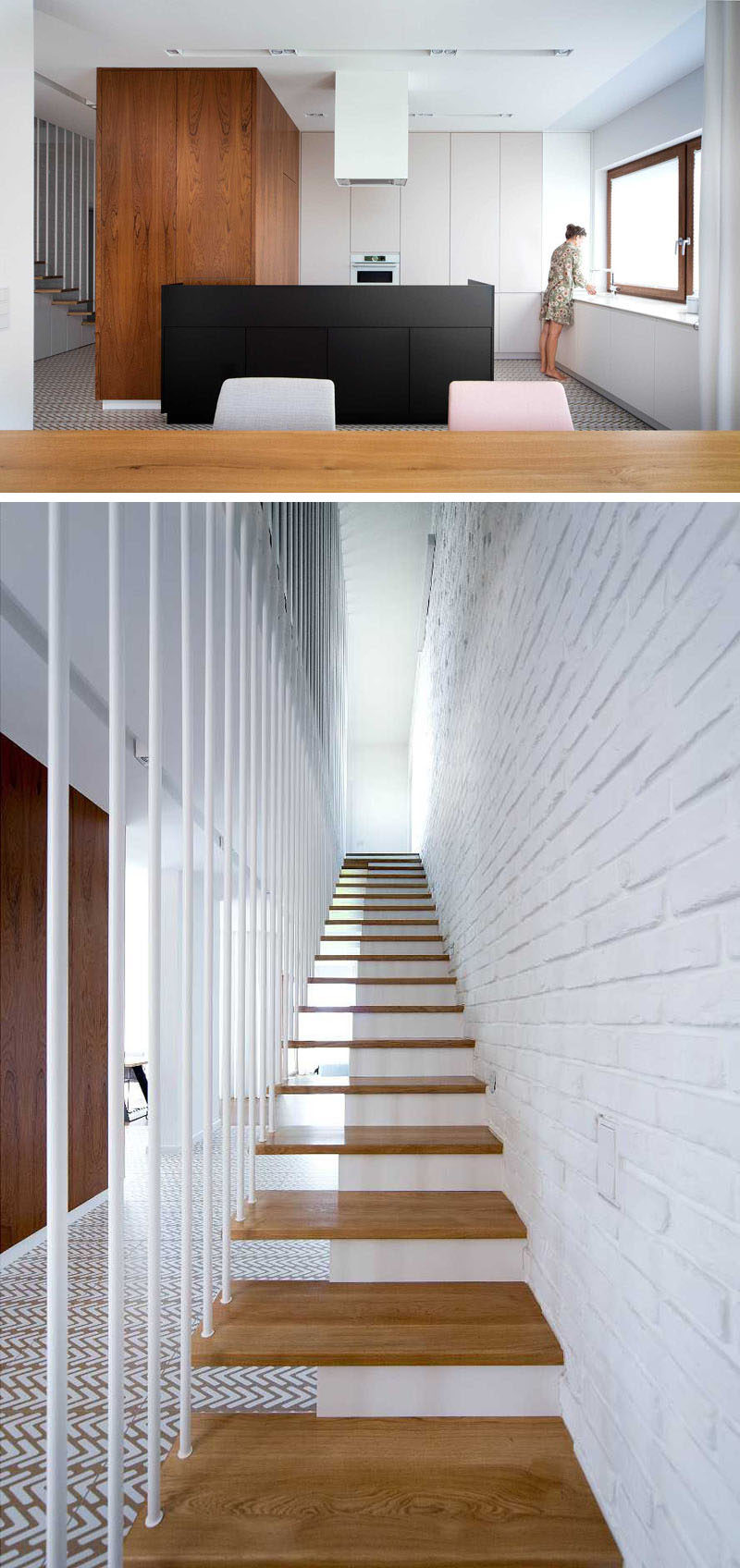 Patterned tile flooring was used to help define the kitchen and hallway in this modern house. #PatternedFlooring #TileFlooring #PatternedTile